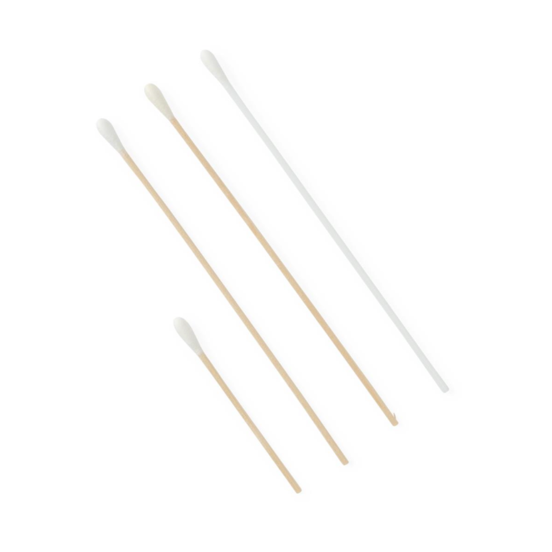 Four Medline Sterile Cotton-Tipped Applicators with long handles—three wooden and one white plastic—are arranged diagonally on a white background. The applicators vary in length and size.